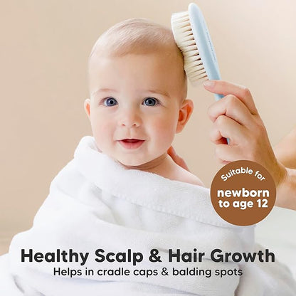 Baby Hair Brush Set for Newborns - Soft Goat Bristle Wooden Baby Brush and Comb Set Newborn Grooming Kit for Cradle Cap, Durable & Gentle, Boy, Girl Infant Essentials Care Kit (Regular, Frost)