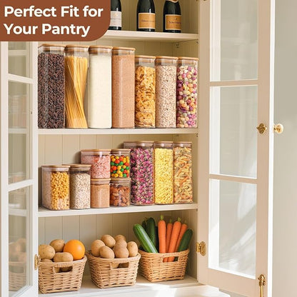 ComSaf 1.8Qt Rectangular Glass Food Storage Containers with Lids, 3-Piece Airtight Cereal Containers Storage, Glass Jars with Bamboo Lids, Space Saving Pantry Organizers for Flour, Pasta, Nut & Coffee