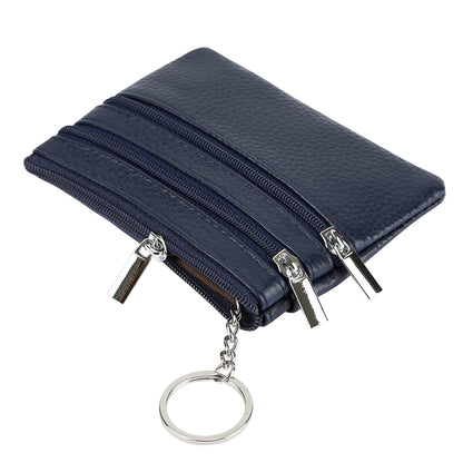 Women's Genuine Leather Coin Purse Mini Pouch Change Wallet with Keychain, navyblue