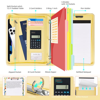 Ospelelf Leather Clipboard Binder with Storage - 3 Ring Zippered Padfolio Portfolio Folder - Calculator, 12.1” Tablet Sleeve, 5 Dividers with Pocket, Refillable Notepad, Card Slot (Floral)