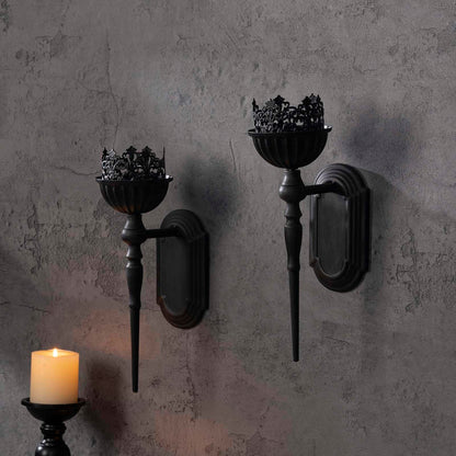 Gothic Wall Sconce Candle Holder (Set of 2) Black Crown and Scepter Design Wall-Mount Metal Candle Holders Hanging Iron Wall Candle Sconce Holder for Living Room, Bathroom, Dining Room