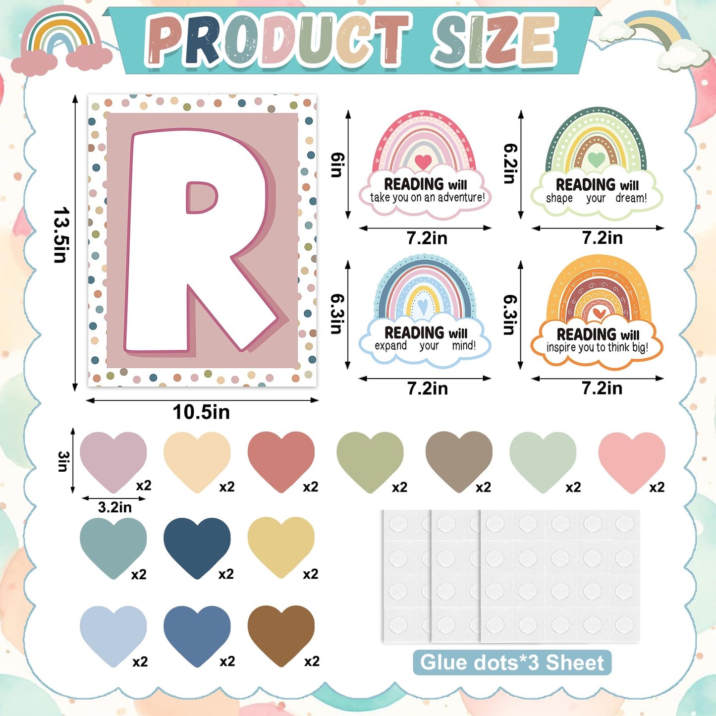32Pcs Boho Classroom Decor Boho Reading Posters with READ Sign Rainbow Love Heart Bulletin Board Decorations Reading Corner Decor for Classroom Wall Door Kindergarten Elementary and Middle School