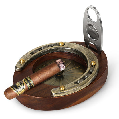 SEMKONT Cigar Ashtray, Horseshoe Wooden Portable Ashtray with Cutter, Zinc Alloy Anti-scald Gasket, Cigar Slot and Holder for home, office, bar and outdoor (Brown-Portable Ashtray)