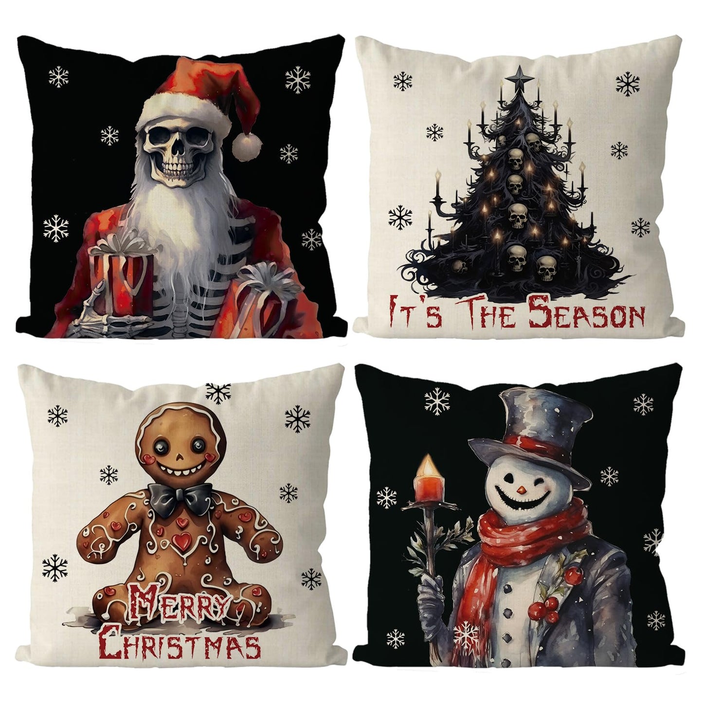 QIONG MENG Christmas Pillow Covers 18x18 Inch Set of 4 Gothic Skull Snowman Pillowcase Halloween Xmas Black and White Throw Pillow Covers Home Sofa Living Room Decorative Cushion Case
