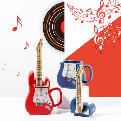 LUCYLANKER Electric Guitar Shaped Ceramic Mug, Novelty Music Themed Coffee Cup, Creative Drinkware for Tea, Funny Birthday, Halloween, Christmas Gift for Musicians & Rock Lovers, 15 oz (Red)