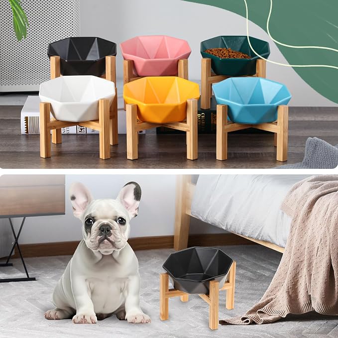 Green with Stand Ceramic Tilted Elevated Raised Pet Bowl with Bamboo Stand for Cats and Dogs No Spill Pet Food Water Feeder