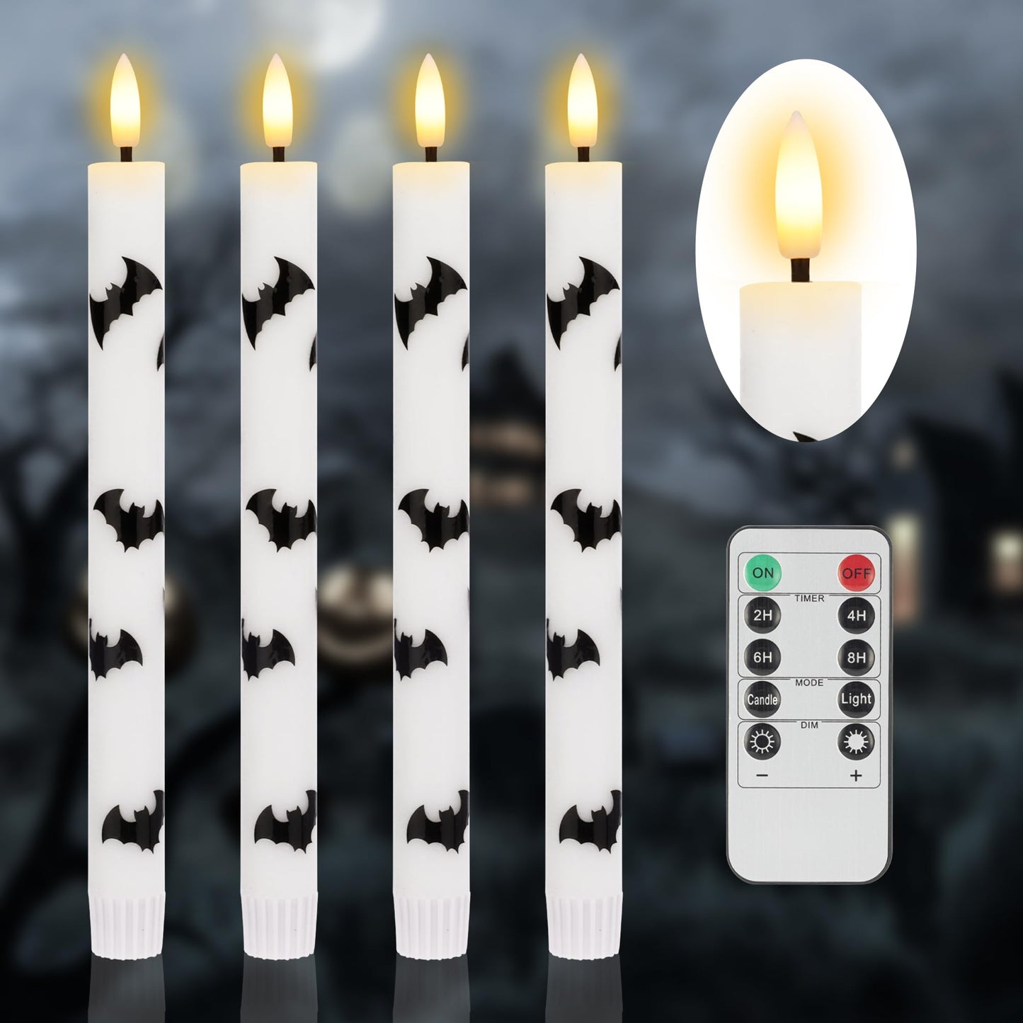 SEHNSY Halloween Flameless Taper Candles with Remote and Timer, 4 Pack Bat LED Flickering 3D Flame Real Wax Candles, Battery Operated Halloween Table Decor for Spooky Indoor Displays