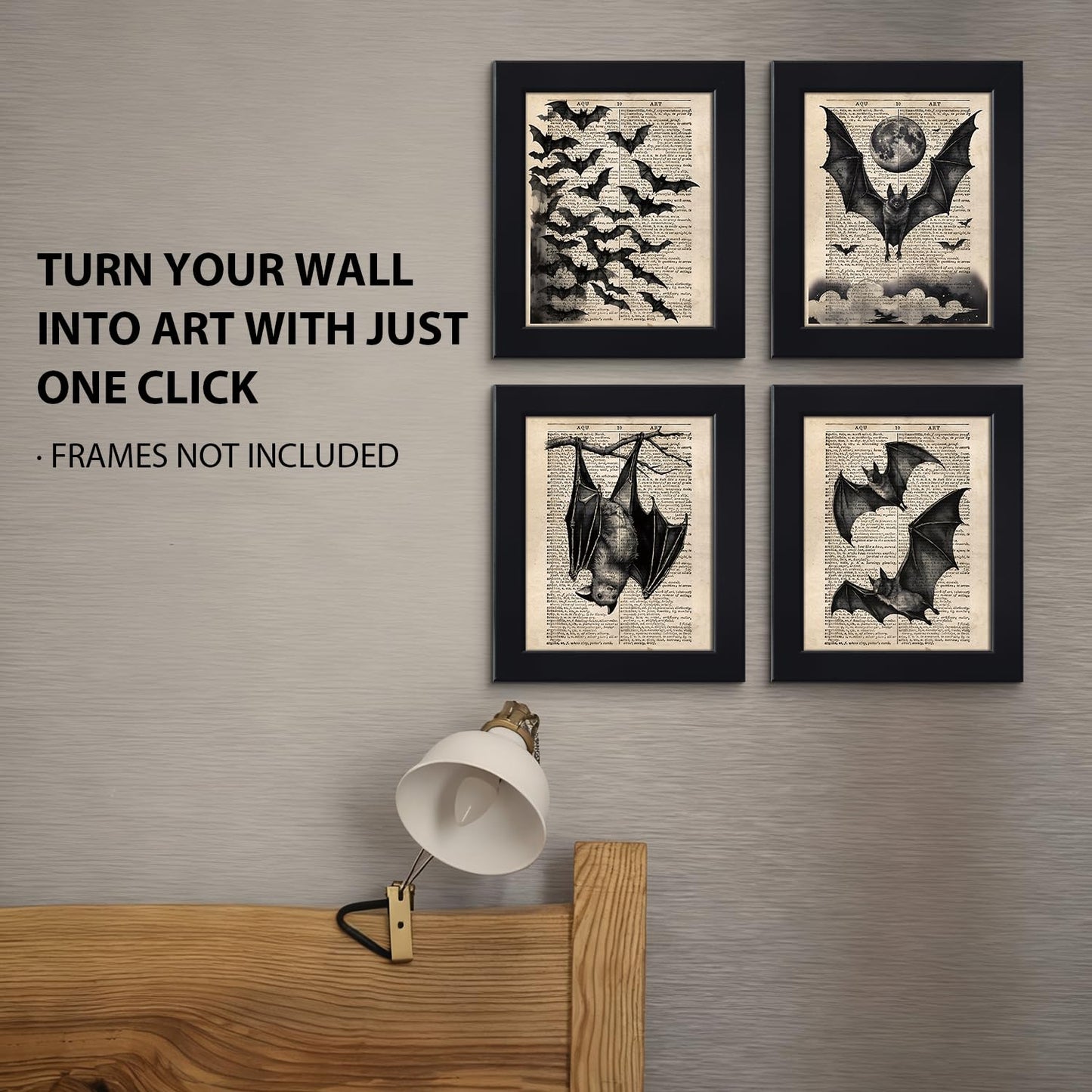 VONTP Dark Academia Gothic Bat Wall Art Decor, Gothic Room Decor, Retro Mystical Full Moon Bats Goth Prints Poster Wall Decorations for Bedroom Living Room Home, 8x10 Set of 4 (Unframed)