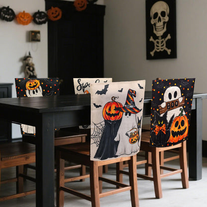 JarThenaAMCS 4Pcs Halloween Chair Back Cover Spooky Boo Ghost Bat Pumpkin Face Seat Covers Dining Chair Slipcover Protector for Trick or Treat Home Kitchen Decor