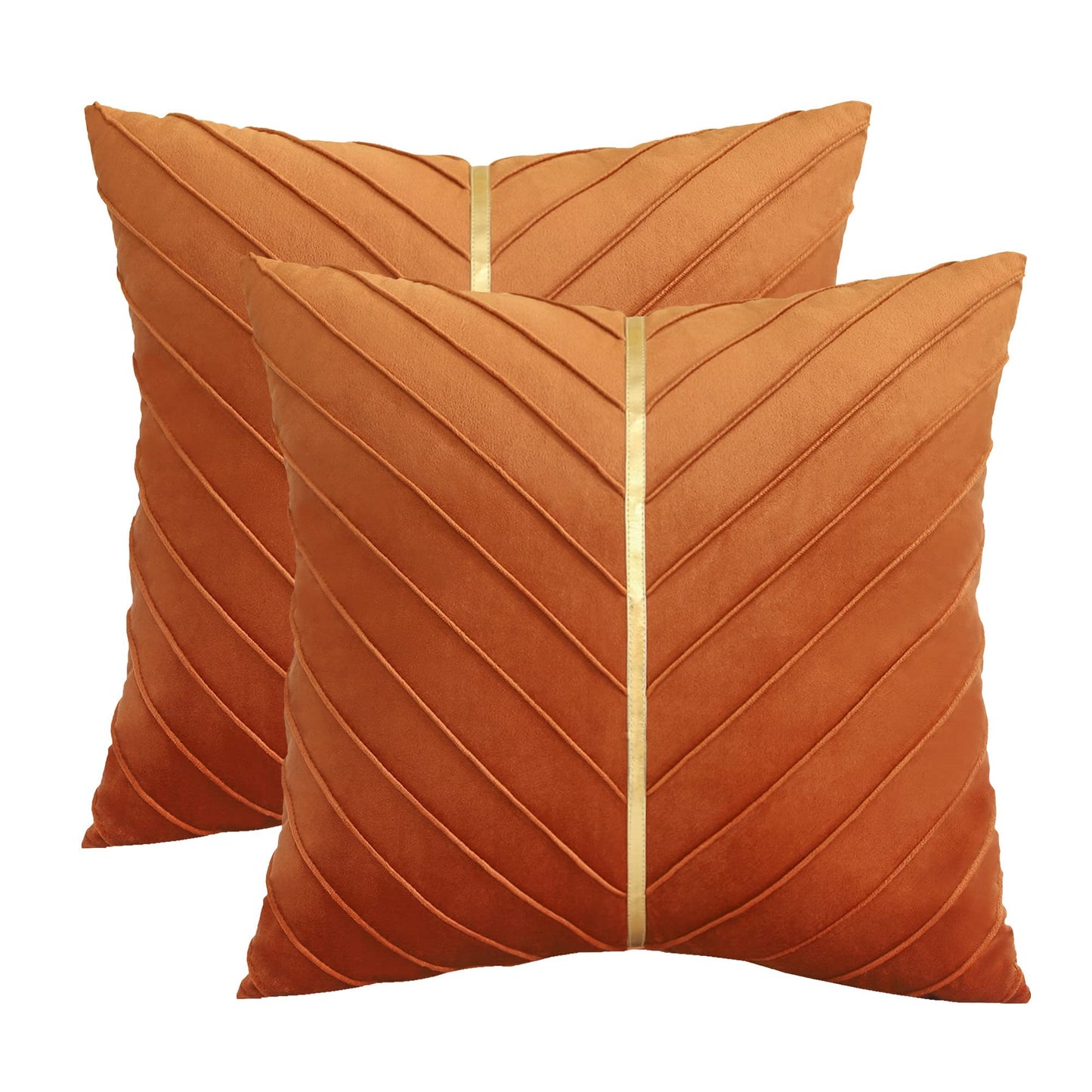 Tosleo Burnt Orange Velvet Throw Pillow Covers 16x16 Pack of 2 with Gold Leather Christmas Decorative Couch Pillowcases Luxury Modern Soft Pillow Cover for Fall Autumn Halloween Thanksgiving Decor