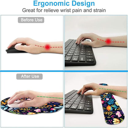 Keyboard Wrist Rest and Mouse Wrist Rest Pad with Cup Coaster,Made of Memory Foam,Ergonomic Support,Easy-Typing and Pain Relief,for Gaming Office Home Computer,Blooming Flower