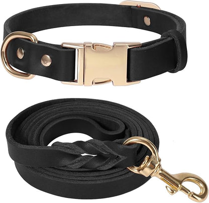 LWBMG 5FT Leather Dog Collar and Leash Set, Heavy Duty Dog Leash and Collar with Metal Buckle,Adjustable Pet Collar and Leash, Soft Pet Leash and Collar Set for Small Medium Dogs Black