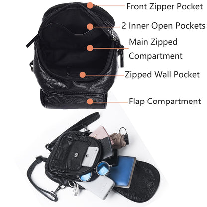 HUAZHIMAO Mini Backpack for Women, Soft Washed PU Leather Small Backpack Purse for Women, Waterproof Fashion Shoulder Bag, Ladies Travel Black Rucksack Handbags Bags with Beautiful Flower Pattern