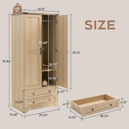 Brafab Armoire Wardrobe Closet with 2 Modern Doors Set of 2, 71" Tall Freestanding Closet Wardrobe Cabinet with Drawers and Hanging Rail, Wooden Storage Cabinet with Shelve for Bedroom, Natural