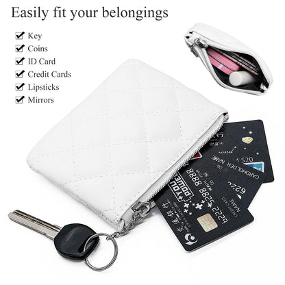 LJCZKA Coin Purse for Women Quilted Leather Mini Pouch Card Holder Top Zipper Coin Wallet Makeup Bag with Keychain (White)