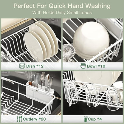 MAJALiS White Dish Drying Rack Over The Sink with Utensil Holder, Mat | Expandable Stainless Steel Dish Drainer for Small Kitchen, Apartment, RV, Counter Space Saving, Perfect Fit, Rustproof