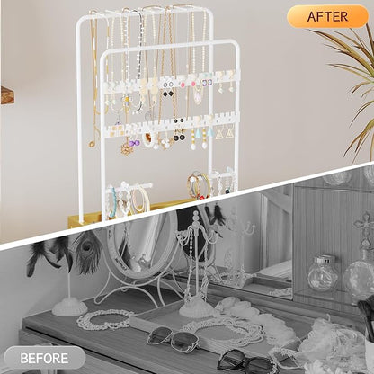 Makeup Organizer Cart with 3 Drawers, Jewelry Organizers and Storage for Earring Necklace, Large Vanity Storage Organizer for Skin Care Perfume Make up Brush Nail Polish Hair Tool (Gold)