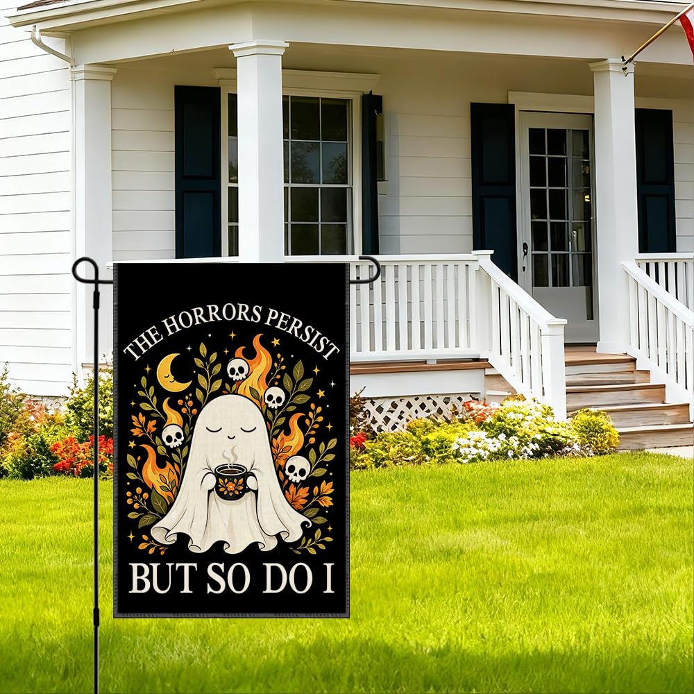 RZHV The Horrors Persist But So Do I Double-Sided Garden Flag for Outdoor House Yard Sign Garden Decor Parade, Funny Motivational Fall Ghost Outdoor Banner, Halloween Social Justice Front Yard Flag