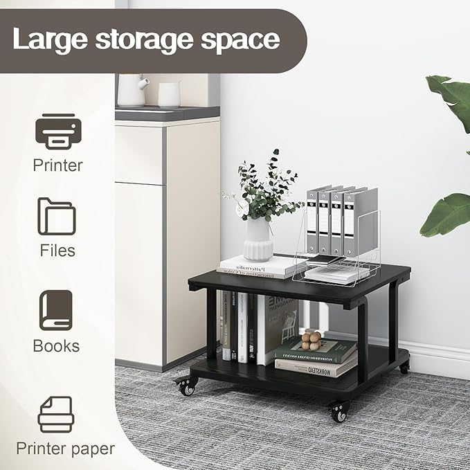 Natwind 2 Tier Laser Printer Stand,24''x20''x15'' Large Printer Table Copier Stand Under Desk,Heavy Duty Rolling Cart with Paper Storage Shelf,Printer Holder on Wheels for Home Office (Black)