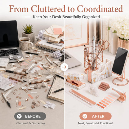 Office Desk Accessories Supplies - 14 Pcs Women Rose Gold Marble Desk Decor Set, Cute Aesthetic Office Essentials Kit, Stapler Tape Dispenser Pen Organizer, Acrylic Mini Teacher Stuff for School Home