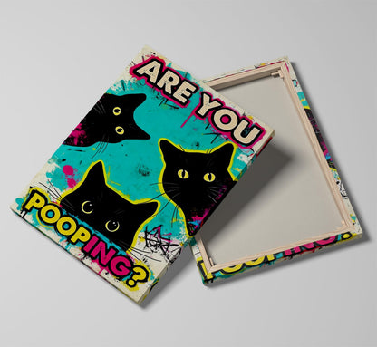 DUFIPOR Funny Black Cat Bathroom Wall Art, Are You Pooping? Graffiti Pop Art Canvas Prints, 12x16 Inch Humorous Bathroom Decor for Washroom Restroom, Trendy Cat Lover Gifts for Bathroom Wall Decor