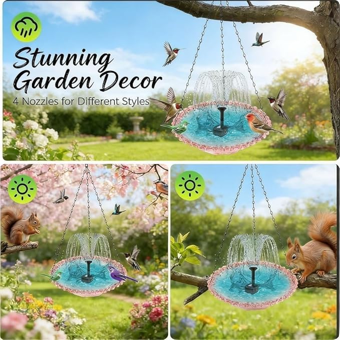Hanging Solar Bird Bath Fountain with Water Pump, Plastic Basin, 4 Nozzles, Sturdy Metal Chains, Outdoor Garden Decor (Can Spray Water, Pink)