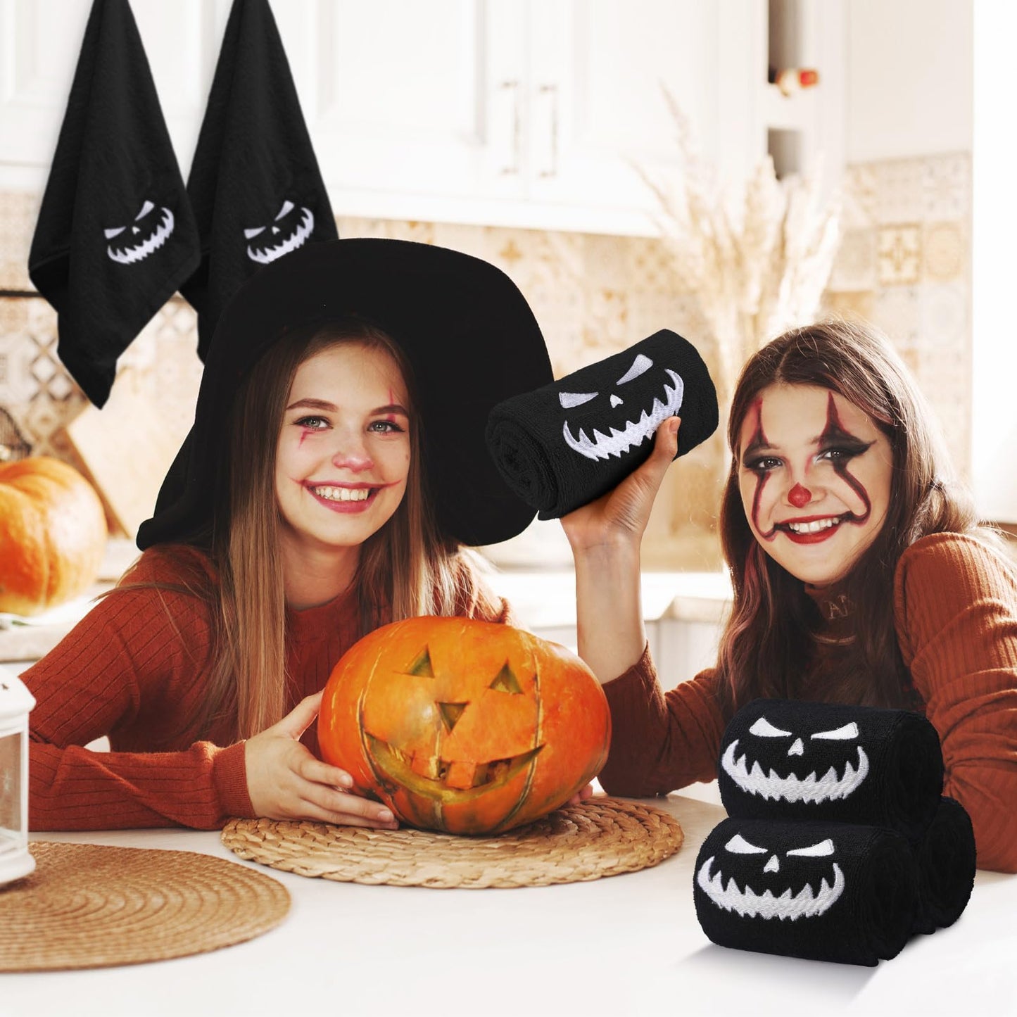 Fanfanwin 3 Pcs Halloween Bath Hand Towels 13.7 x 29.5 Inch Embroidered Decorative Hand Towel Kitchen Towels 100% Cotton Towel Decor for Holiday Bathroom(Black,Pumpkin)