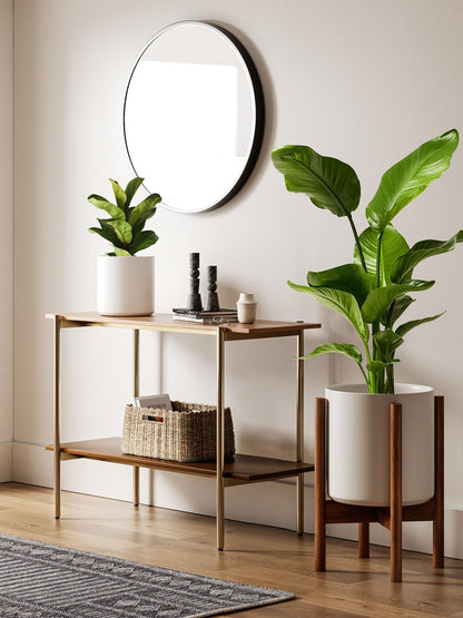 LE TAUCI 12 Inch Planter with Acacia Wood Stand, Large Ceramic Indoor Plant Pot with Drainage Hole & Plug, Mid Century Modern Plant Holder for Fiddle Leaf Fig, Monstera, Snake Plant, White
