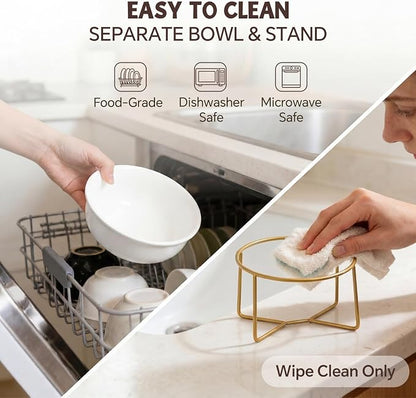 White Large Ceramic Tilted Elevated Cat Dog Bowl Raised Cat Food Water Bowl Dish Pet Comfort Feeding Bowls with Gold Iron Stand