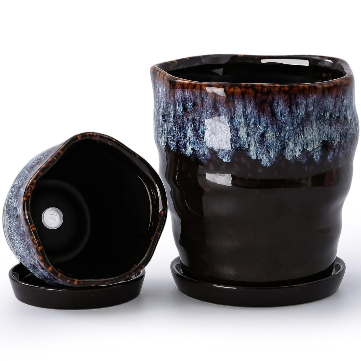 Pkeo Bbun 4+6 Inch Ceramic Planter Set of 2 with Drainage Hole,Saucer for Plants, Indoor-Outdoor Round Succulent Orchid Flower Pot- Cement Paint, Inner-pots not Larger Than 5 Inch Reactive Glaze Spot