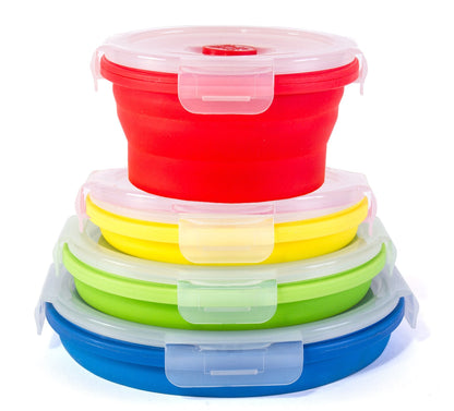 Thin Bins Collapsible Containers Set of 4 Round Silicone Food Storage Containers BPA Free, Microwave, Dishwasher and Freezer Safe - No more cluttered container cabinet! SC-149A
