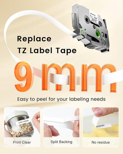 TZe-221 9mm 0.35 Laminated White Tape Replace for Brother P-Touch Label Tape 9 mm TZe Tz Black on White TZe221 AZe-221 for PT-D210 D200 1190 1750 Label Maker Refills 3/8 Inch, 6-Pack