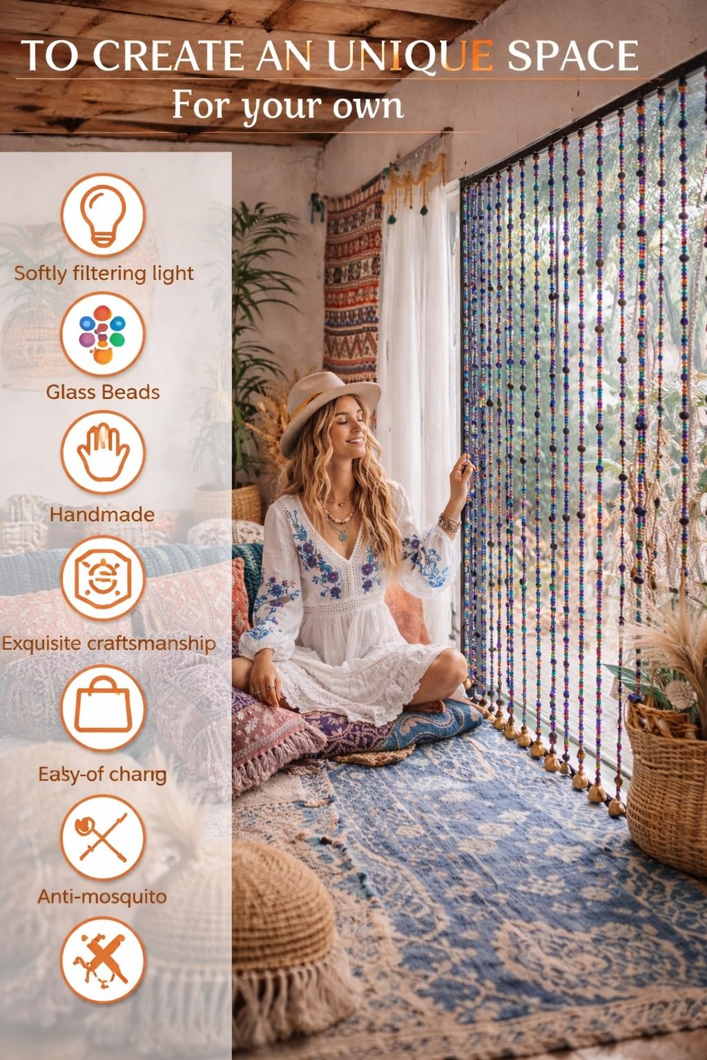 Mango Gifts Bohemian Hippy Beaded Curtain for Doorways Multicolour Glass Beads Strings for Window, Hallway Entrance,Wall Closet and Bedroom Decor 76" inch Length (25)