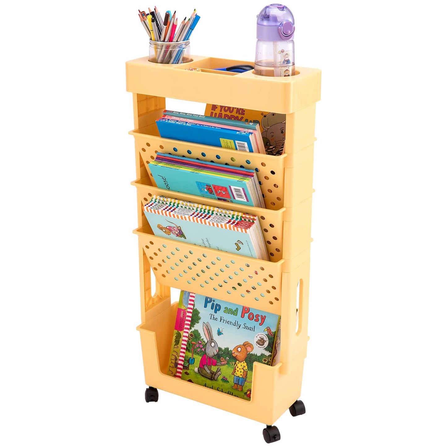 CINPIUK Yellow Rolling Office Paper Organizer, Mobile Book Cart Document Folder File Storage with Pen Holder, Slim Rolling Storage Cart Movable Bookshelf for Office, Dorm, Classroom, Nursery