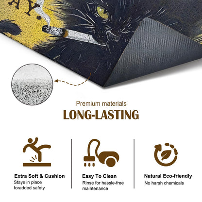 KBRCT Go Away Black Cat Door Mat Outdoor Indoor Entrance Entryway, Funny Smoking Black Kitten Kitty Doormat Inside Outside, Cat Welcome Mats for Front Door, 17x30 Inch