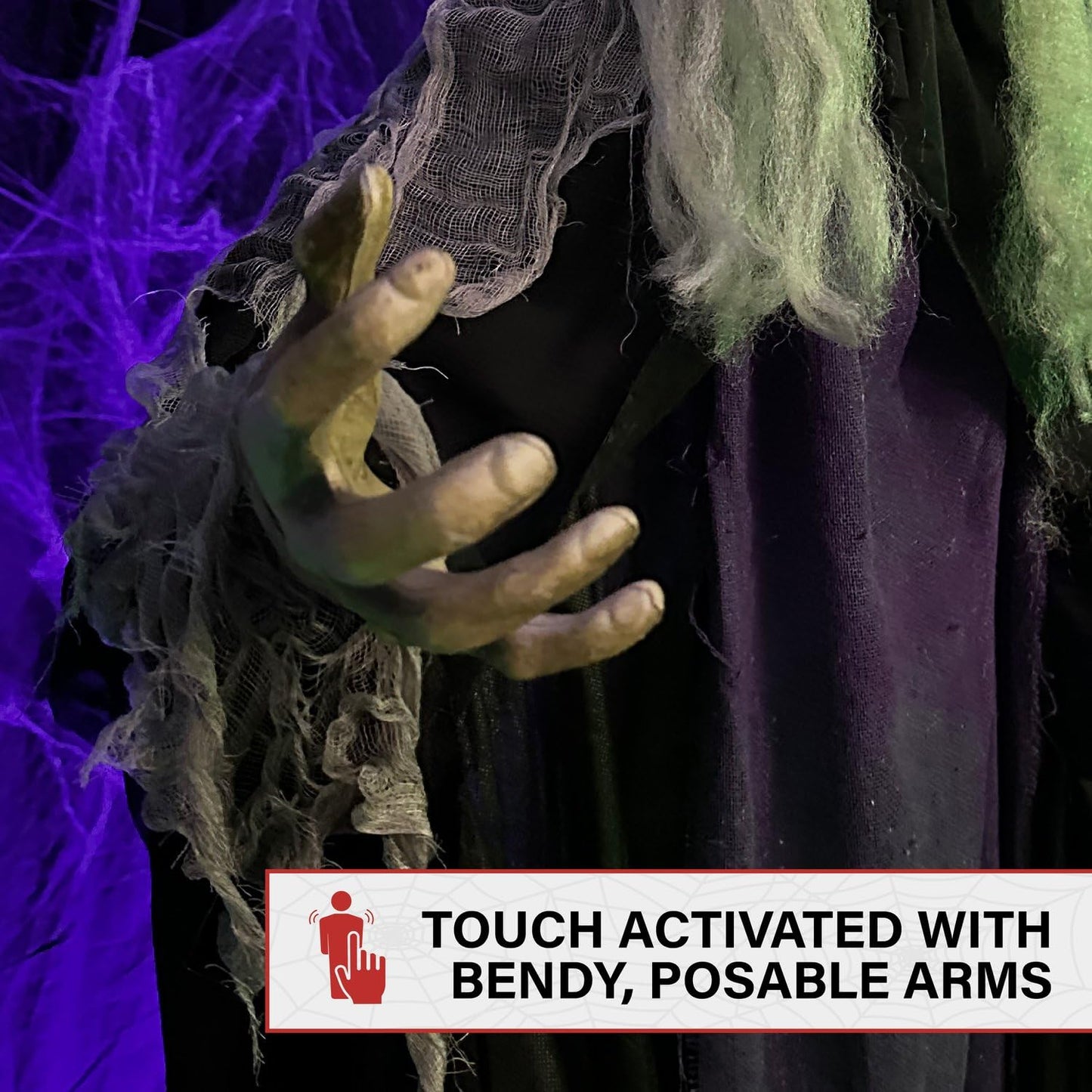 Haunted Hill Farm Life-Size Poseable Scary Talking Witch, Halloween Animatronic with Touch Activated Lights and Sound, Battery Operated Indoor or Covered Outdoor Halloween Decorations, Fright Props