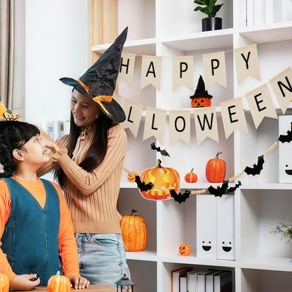 SmoothNovelty 2 Sets Halloween Decoration Wooden Felt Bat Bead Wreath Banner and Halloween Pull Flag Banner for Farmhouse Bat Wreath Decor for Mantel and Wall