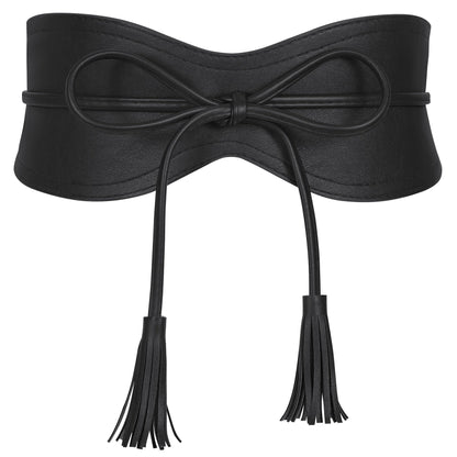 XZQTIVE Women Wide Belt for Dress Fashion Ladies Cinch Obi Belt Waistband with Tassel Tie, Black(M Fits Waist Size 29"-38")