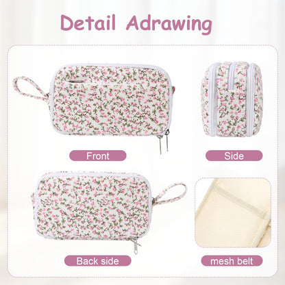 BuyCard Big Capacity Pencil Pouch, Pink Floral Corduroy 4-Compartment Pen Bag, Aesthetic Stationery Organizer for Teen Girls Women, Must-Have for Teacher, Makeup & Electrical Goods Storage Case