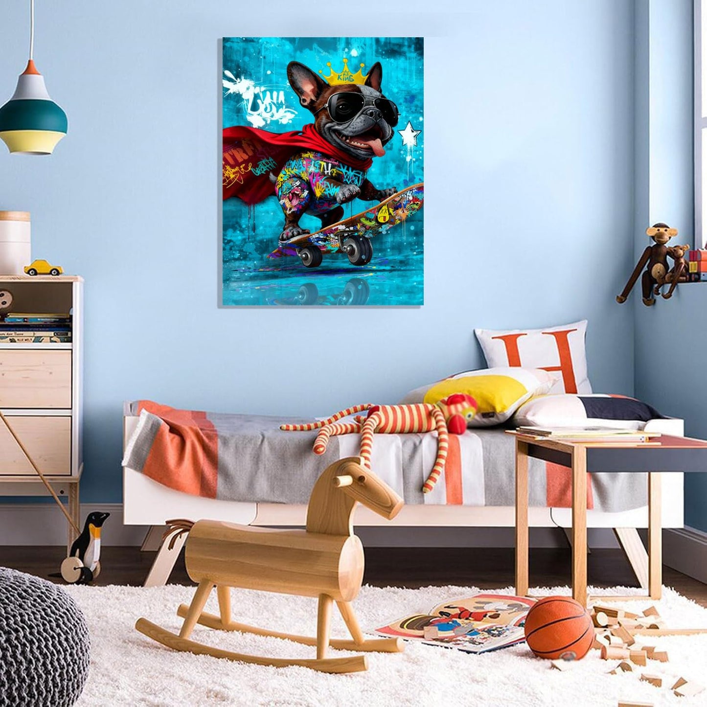 16x24 Graffiti Blue Skateboard Bulldog Canvas Wall Art Gallery Framed Poster Cartoon Dog Watercolor Painting Child Animals Bedroom Pictures Funny Pop Home Decor Teen Boy Kids Room Bathroom Prints