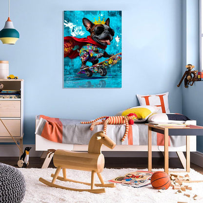 16x24 Graffiti Blue Skateboard Bulldog Canvas Wall Art Gallery Framed Poster Cartoon Dog Watercolor Painting Child Animals Bedroom Pictures Funny Pop Home Decor Teen Boy Kids Room Bathroom Prints