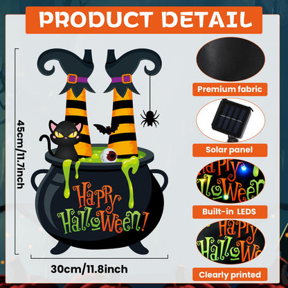 Halloween Lighted Garden Flag 12x18 Inch Witch Feet Shaped Flags 8 Modes Double Side LED Solar Yard Flags Cauldron Eyeball Black Cat Decorations for Garden Patio Yard Lawn Outside Home Decor