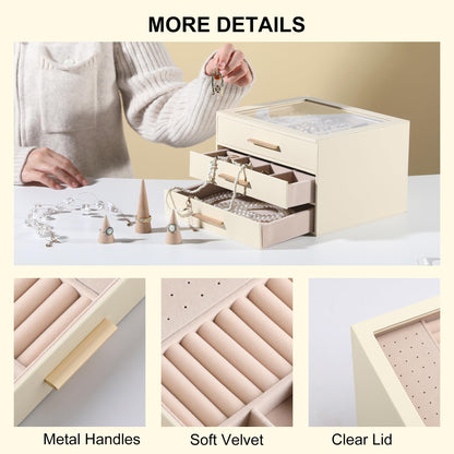Frebeauty Clear Lid Jewelry Box,3-Layer Jewelry Organizer with Drawer,PU Leather Jewelry Organizers and Storage,Jewelry Boxes for Women,Jewelry Storage for Rings Earring Stud,Gift for Women(Beige)