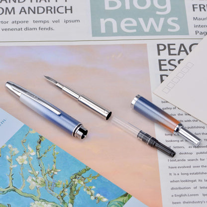 Jinhao 10 Press Fountain Pen with Box, Gradient Dark Blue Retractable Extra Fine Nib with Ink Converter Set (Silver Clip)