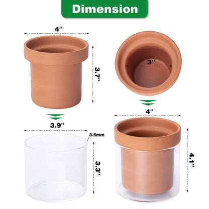 Phoenix Vine 4 Inch Self Watering Planter Pot, Terracotta Clay Pot with Glass Reservoir for Indoor Plants, Herbs, Flowers, Set of 1, 52-A-E-1