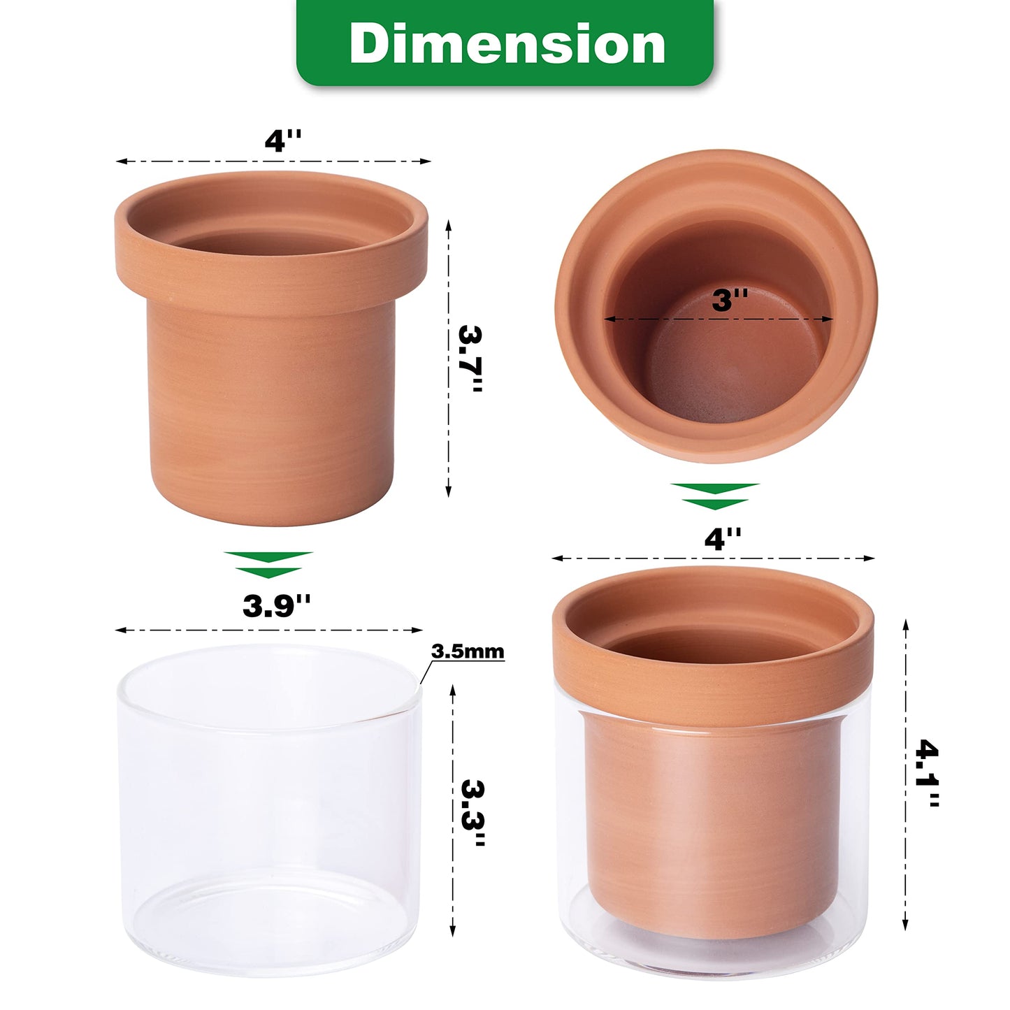 Phoenix Vine 4 Inch Self Watering Planter Pot, Terracotta Clay Pot with Glass Reservoir for Indoor Plants, Herbs, Flowers, Set of 3, 52-A-E-3