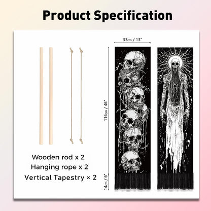 PLIGREAT 2 Pack Skeleton Tapestry with Tassels, 52" x 13" Black and White Aesthetic Wall Hanging Goth Style Vertical Home Art Tapestry for Bedroom Living Room Long Narrow Wall Hanging Art Decor