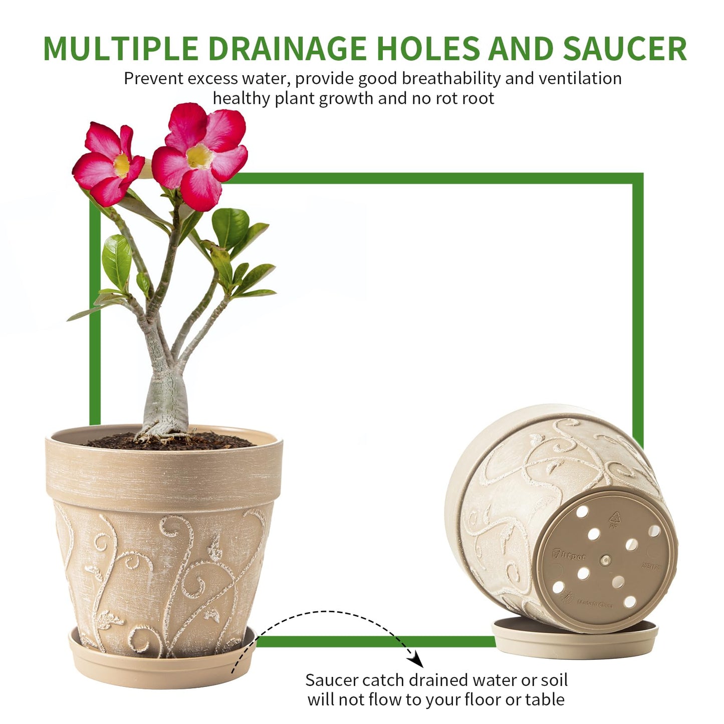Melphoe Plant Pots Indoor with Drainage & Saucer, 2Pack 8 inch Flower Pots Outdoor Planters for Indoor Plants Garden Home Decor Cactus Succulent, Rigid Plastic (Imitation-Terracotta) Vine-Embossed