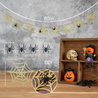 Halloween Spider Web Garland – Gold Glitter Spider Web Banner with Black Spider, Halloween Decoration Indoor, Spider Web Banner for Fireplace Mantle, Halloween Wall Decor Hanging Banner