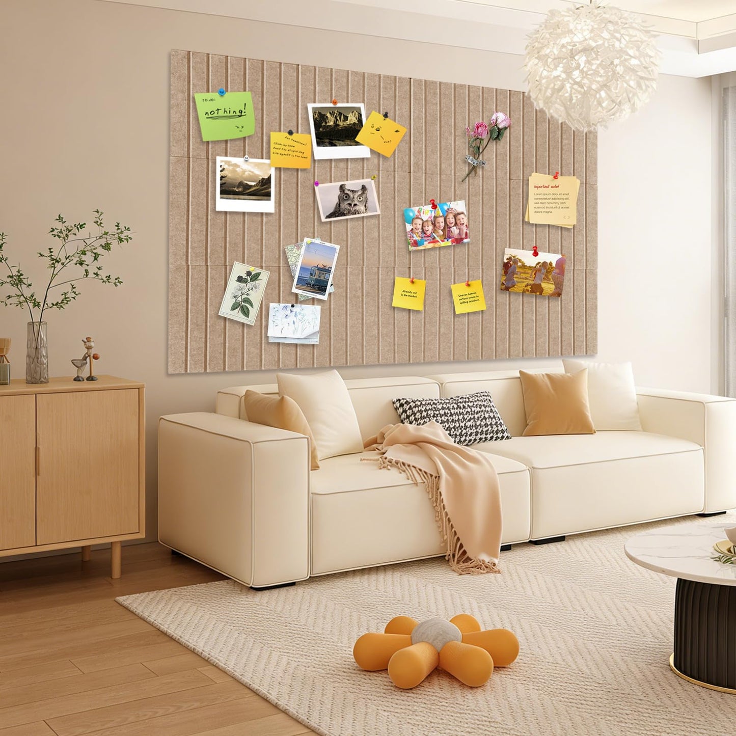 15 Pack Felt Bulletin Board, 35" x 59" Large Oatmeal Pinboard with 30 Push Pins, Felt Pin Board, Self-Adhesive Cork Board Tiles for Home, Office Walls, School Classroom Message Photos Display
